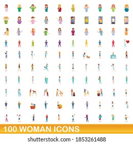 100 woman icons set. Cartoon illustration of 100 woman icons vector set isolated on white background