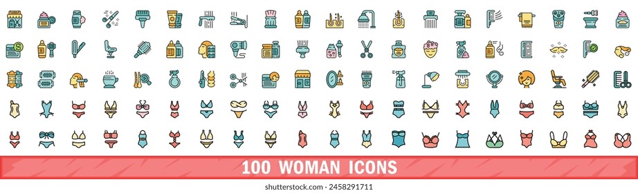 Conjunto de 100 iconos de mujer. Conjunto de línea de color de iconos vectoriales de mujer línea fina de color plana en blanco