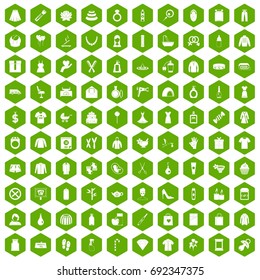 100 woman icons set in green hexagon isolated vector illustration