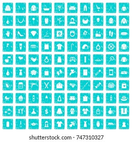 100 woman icons set in grunge style blue color isolated on white background vector illustration