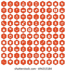 100 woman icons set in orange hexagon isolated vector illustration