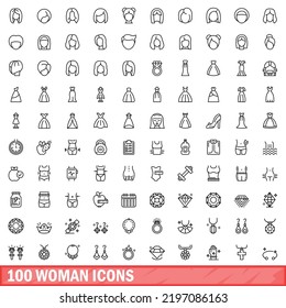 100 iconos femeninos. Ilustración de esquema de 100 iconos femeninos conjunto de vectores aislado en fondo blanco