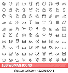 100 woman icons set. Outline illustration of 100 woman icons vector set isolated on white background