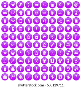100 woman icons set in purple circle isolated on white vector illustration