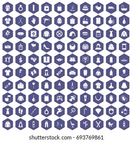 100 woman icons set in purple hexagon isolated vector illustration