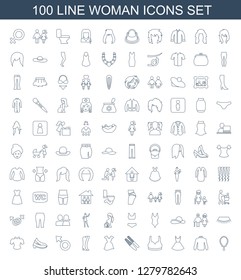 100 woman icons. Trendy woman icons white background. Included line icons such as necklace, sweater, dress, sport bra, sawing, woman boots, shoe. woman icon for web and mobile.