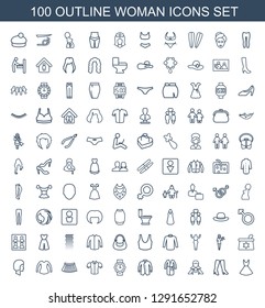 100 woman icons. Trendy woman icons white background. Included outline icons such as dress, woman boots, maid, jacket, wrist watch for blouse. icon for web and mobile.