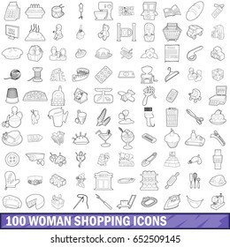 100 woman shopping icons set in outline style for any design vector illustration