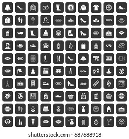 100 woman shopping icons set in black color isolated vector illustration
