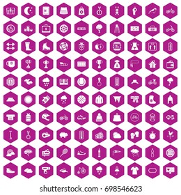 100 woman sport icons set in violet hexagon isolated vector illustration