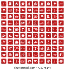 100 woman sport icons set in grunge style red color isolated on white background vector illustration