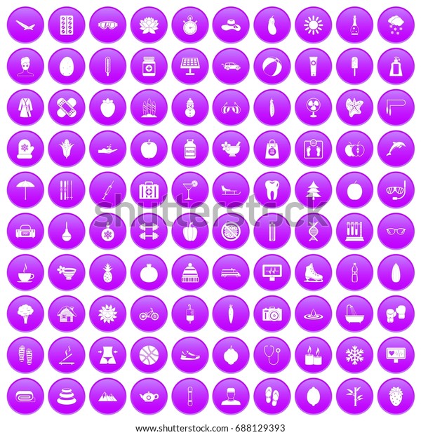 100 women health icons set in purple circle\
isolated on white vector\
illustration