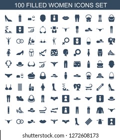 100 women icons. Trendy women icons white background. Included filled icons such as female WC, slim, hair curler, woman boot, female underwear. women icon for web and mobile.