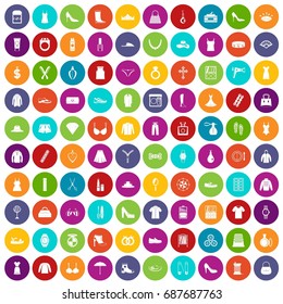 100 womens accessories icons set in different colors circle isolated vector illustration