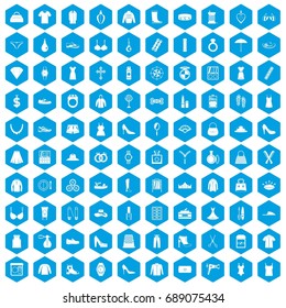 100 womens accessories icons set in blue hexagon isolated vector illustration