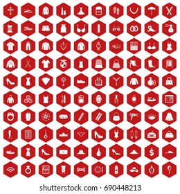 100 womens accessories icons set in red hexagon isolated vector illustration