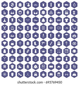 100 womens accessories icons set in purple hexagon isolated vector illustration