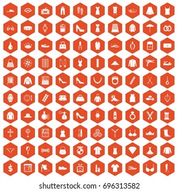 100 womens accessories icons set in orange hexagon isolated vector illustration