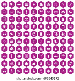 100 womens accessories icons set in violet hexagon isolated vector illustration