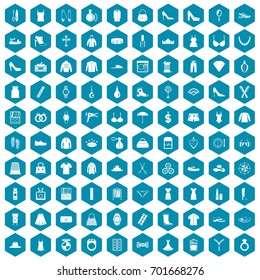 100 womens accessories icons set in sapphirine hexagon isolated vector illustration