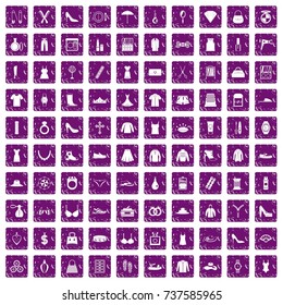 100 womens accessories icons set in grunge style purple color isolated on white background vector illustration