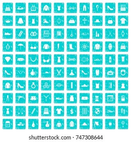 100 womens accessories icons set in grunge style blue color isolated on white background vector illustration