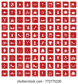 100 womens accessories icons set in grunge style red color isolated on white background vector illustration