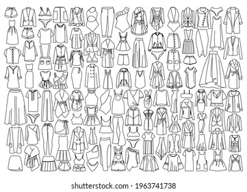 100 íconos de ropa de mujer. Conjunto de signos para las mujeres: Camisetas, pantalones, chaquetas, faldas, trajes de baño, ropa interior, vestidos. Colección de afiches de ropa.