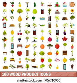 100 wood product icons set in flat style for any design vector illustration