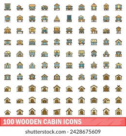 100 wooden cabin icons set. Color line set of wooden cabin vector icons thin line color flat on white