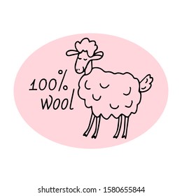 100% wool clothing label with a cute sheep. Knitting clothes concept in doodle sketch isolated outline. Hand drawn vector illustration in black ink on white background.