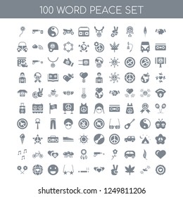 100 word peace universal icons pack with Handshake, Dove, Cannabis, Victory, Love, Cigarette, Sunglasses, Happy, World, Flower