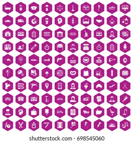 100 work icons set in violet hexagon isolated vector illustration