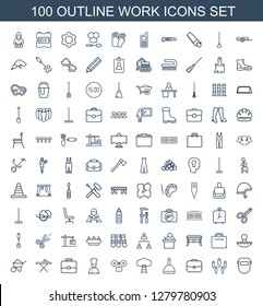 100 work icons. Trendy work icons white background. Included outline icons such as welder mask, group, case, dustpan, ladder to the sky, alarm, chef. work icon for web and mobile.