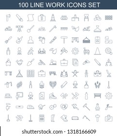 100 work icons. Trendy work icons white background. Included line icons such as briefcase with weapon, garden hammer, scythe, hacksaw, boot, woman boots. work icon for web and mobile.