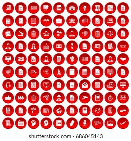 100 work paper icons set in red circle isolated on white vectr illustration
