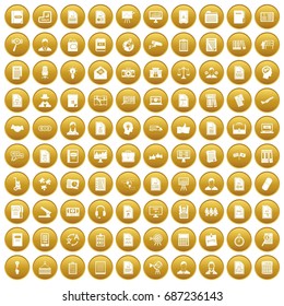 100 work paper icons set in gold circle isolated on white vectr illustration