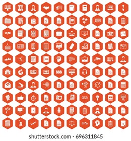 100 work paper icons set in orange hexagon isolated vector illustration