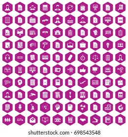 100 work paper icons set in violet hexagon isolated vector illustration