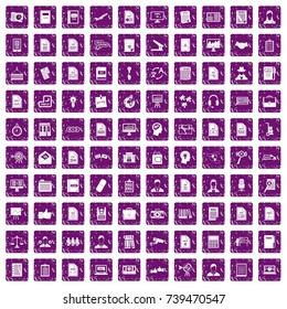 100 work paper icons set in grunge style purple color isolated on white background vector illustration