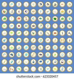 100 work space icons circle set on blue background cartoon style vector illustration