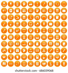 100 work space icons set in orange circle isolated on white vector illustration