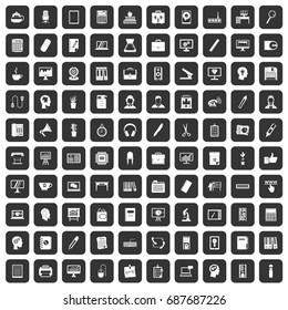 100 work space icons set in black color isolated vector illustration