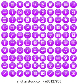 100 work space icons set in purple circle isolated on white vector illustration