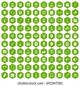 100 work space icons set in green hexagon isolated vector illustration