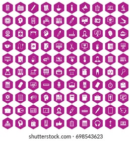 100 work space icons set in violet hexagon isolated vector illustration