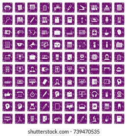 100 work space icons set in grunge style purple color isolated on white background vector illustration