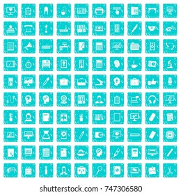 100 work space icons set in grunge style blue color isolated on white background vector illustration