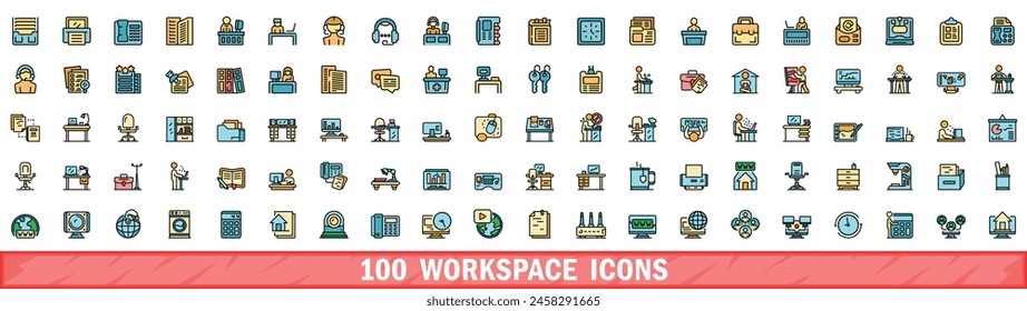 100 workspace icons set. Color line set of workspace vector icons thin line color flat on white