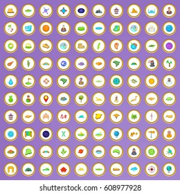 100 world icons set in cartoon style on purple background vector illustration